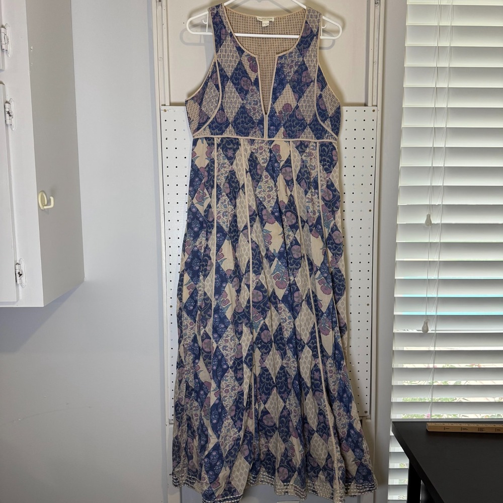 Monsoon Maxi Dress Women's 8 Purple Boho Floral Smocked Sleeveless Pleated Hippy